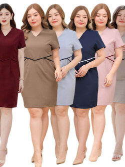 kudapy เดรสสั้นสีเทาฟ้า กรม ชมพู น้ำตาล มัทฉะ แดงเข้ม กิมมิคกุ๊นสลับสามเหลี่ยมที่เอว มีซับในทั้งตัว