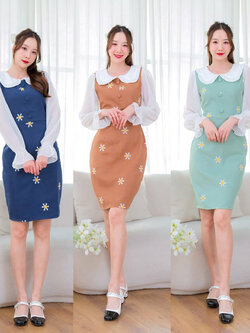 kudapy เดรสสั้นสีเขียว/สีกรม/สีน้ำตาล คอบัวแขนยาวปักดอก