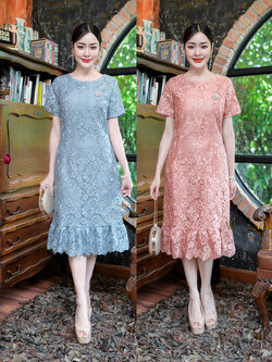 kudapy เดรสสั้นสีโอรส/สีฟ้า ลูกไม้ปาด้าคอตตอน ผ้าทอลาย แต่ด้วยเนื้อผ้าลูกไม้ทำให้ดูหรูหรา