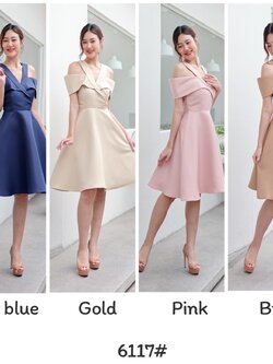 kudapy เดรสเปิดบ่า คัตติ้งคอสูท เก๋เวอร์ กระโปรงบาน เอวสูง เนื้อผ้าโพลีเอสเตอร์ เนื้อด้านไม่เงา ผ้าค่อนข้างแข็งอยู่ทรง