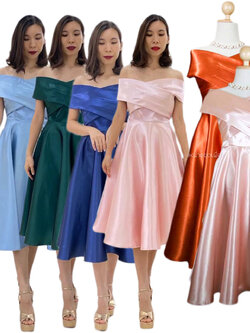 kudapy เดรสสั้นสีชมพู/สีทอง/สีฟ้า/สีเขียวเข้ม/สีส้มอิฐ/สีกรม เปิดบ่าไขว้อกใหญ่ กระโปรงบาน ซิปหลังยาว