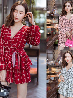 kudapy เชท 2 ชิ้น เสื้อเชิ้ตคอวีสีชมพูชีท สีแดง สีขาว แขนยาวทรงกิโมโน