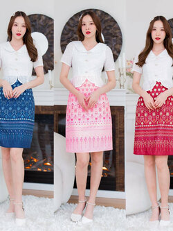kudapy เดรสสั้นสีกรม/สีแดง/สีชมพู เสื้อผ้าฉลุขาวกระโปรงลายไทย