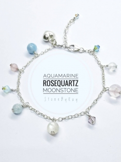 สร้อยข้อมือเงินหินมูนสโตน,โรสควอตซ์,อความารีน