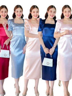 kudapy เดรสสั้นสีชมพู/สีทอง/สีกรมท่า/สีแดง/สีฟ้า ทรงสอบ คอเหลี่ยม แขนสั้น จับจีบยกบ่า กระโปรงทรงสอบ เก็บสะโพก