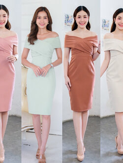 kudapy เดรสสั้นสีครีมเบจ/สีส้มอิฐ/สีชมพูเข้ม/สีเขียวมิ้นท์ เปิดบ่าแถบใหญ่ จับจีบข้างอก กระโปรงสอบ ผ่าหลัง