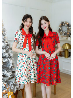 kudapy เดรสพิมพ์ลายคริสต์มาส สวยแบบลิมิเต็ด ดีเทลคอโบว์สีแดง เย็บเข้าทรงช่วงเอว ทรงสวย