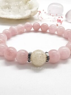 สร้อยข้อมือหินโรสควอตซ์ร้อยกับหินไหมหิมะRose Quartz+Snow Rutile Quartz