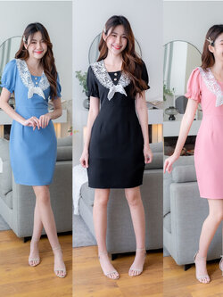 kudapy เดรสสี้นสีชมพู/สีฟ้าคราม/สีดำ ทำงานลูกไม้ผูกคอ ผ้าใส่สบายสวยดูดี
