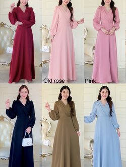 kudapy เดรสยาว/น้ำตาลอมเขียว/ชมพู/โอรส/ฟ้าอมเทา/แดง/ดำ คอวีป้ายเอว ดีเทลจับจีบ แขนยาว เพิ่มเชือกผูกเก็บช่วงเอว ผูกได้หน้า/หลัง