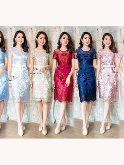 kudapy เดรสลูกไม้ แขนสั้น เอวเย็บด้วยผ้าซาติน ผ้าลูกไม้ปักลายเงาสวยมากค่ะ มีซับในในตัว ผ้าไม่ยืด