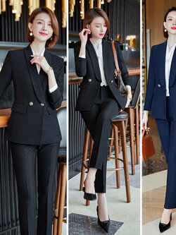 kudapy ชุดสูททำงานผู้หญิงสีดำ/สน้ำเงิน ปกกล้วยพร้อมกางเกง จุดเด่นของชุดนี้คือการออกแบบชุดให้กระชับเข้ารูปแขนยาว