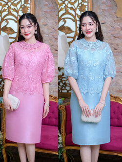 kudapy เดรสสั้นสีฟ้า/ชมพู ผ้าไหม ด้านบนเป็นงานผ้าลูกไม้คอกลมแต่งคอ ทรงแขนพองบอลลูนสั้น งานลูกไม้ปักคัดเกรดสวย