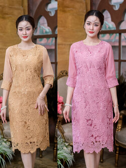 kudapy เดรสสั้นสีครีมน้ำตาล/สีชมพู ลูกไม้เนื้อนิ่ม ดีไซน์แขนชีฟองจั้มปลายแขนด้วยลูกไม้ ผ้าทอลายแน่น