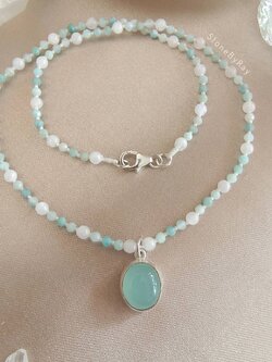 สร้อยคอหินอมาโซไนท์หินมูนสโตนกับจี้หินคาซีโดนี่