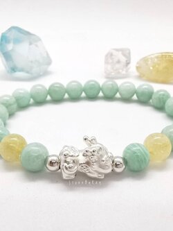 สร้อยข้อมือหินอมาโซไนท์สีมิ้นต์+เบบี้ปี่เซียะเงินแท้+ซิทริน