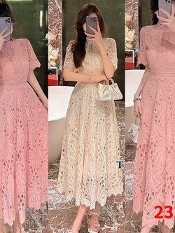 kudapy เดรสลูกไม้ยาว คอวี แขนสั้น ใช้ผ้าลูกไม้เนื้อดีขึ้นลายปักฉลุ ลายแน่นปักชัดลายสวย