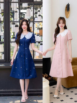 kudapy เดรสสั้นสีชมพู/สีกรม คอปกลูกไม้ปักเพชร