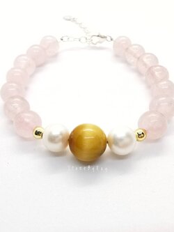 สร้อยข้อมือเงินหินโรสควอตซ์+ไข่มุกแท้+หินตาเสือสีทอง