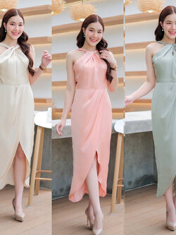 kudapy เดรสยาวชมพูโอรส/สีเขียว/สีครีม คล้องคอ+โบว์เพชร กระโปรงทรงทิวลิป มีซับกระโปรงสั้นด้านใน