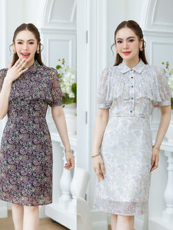 kudapy เดรสคอปกอกพลีทระบาย ลายดอกเล็กสวยละมุน ช่วงอกเป็นกระดุมใบโควเวอร์ดำ เปิดได้จริง ดีเทลช่วงอกอัดพลีทสวยมีวอลุ่ม