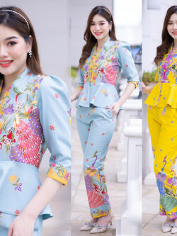 kudapy ชุดเซ็ทเสื้อ+กางเกง ปาเต๊ะ ผ้าคอตตอนพิมพ์ลายสีสดใส ลายสวย ผ้าไม่บางใส ไม่เห็นชั้นใน สีไม่ตก ผ้าไม่ยืดไม่หด