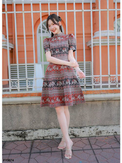 kudapy เดรสสั้นสีแดง ผ้าไทยคอจีนกระโปรงลายช้าง ใส่สบายสวยดูดี