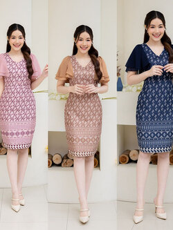 kudapy เดรสสั้นสีชมพู/สีน้ำตาล/สีกรม ผ้าไทยแขนระบาย ผ้าพิมพ์ลายไทย