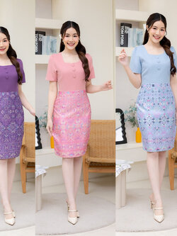 kudapy เดรสสั้นสีฟ้า/สีชมพู/สีม่วง คอเหลี่ยมกระโปรงลายไทย