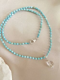 สร้อยคอเชือกถักหินเทอร์ควอยส์กับจี้คริสตัลเฮอร์คิเมอร์ Turquoise+Herkimer Diamond