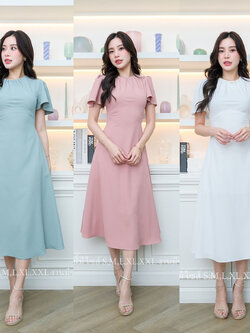 kudapy เดรสสั้นคอกลมสีชมพู/สีขาว/สีเขียวมิ้น แขนสั้นระบาย กระโปรงคลุมเข่า แนวเรียบหรู ชุดไปงานแต่ง