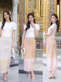 kudapy ชุดเซ็ทเสื้อสีขาว ชุดลิซ่าใส่+กระโปรงลายไทยสีชมพู/สีครีม