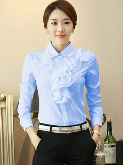 kudapy เสื้อเชิ้ตใส่ทำงานสีฟ้า แขนยาว คอบัวแต่งระบายด้านหน้า