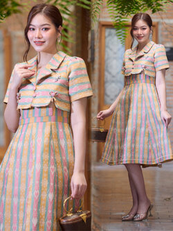 kudapy ชุดเดรสผ้าไหมไทยทอลายขวาง ใส่ออกงาน สีเหลืองตัดชมพู