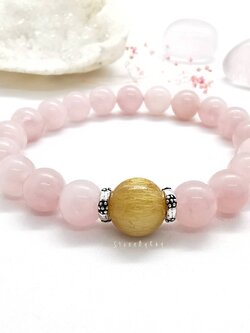 สร้อยข้อมือหินโรสควอตซ์ร้อยกับหินไหมทองRose Quartz+Rutilated Quartz