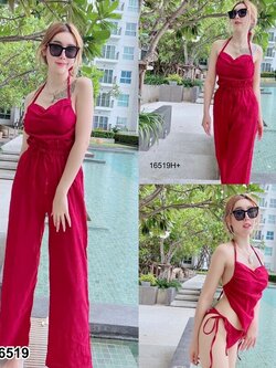 kudapy Set 3 ชิ้น เสื้อผูกคอ + กางเกงขายาว + บิกินี่ ชุดใส่ไปทะเล เดินชายหาด