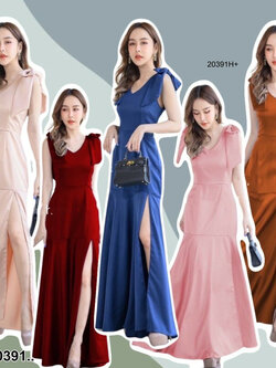 kudapy แม็กซี่เดรสสีกรมท่า/สีครีมสีชมพ/สีส้มอิฐ/สีแดง โบว์ไหล่ ยาวระบายชาย งานซิปหลัง ชุดออกงาน ชุดเพื่อนเจ้าสาว