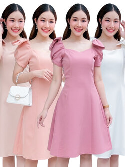 kudapy เดรสสั้นแขนสั้น สีครีม/สีชมพูโอรส/ สีชมพูกลีบบัว/สีขาว แขนตุ๊กตา ดีเทลบ่าโบว์ ทรงอกหัวใจ แพทเทิร์นนี้ใส่สวย