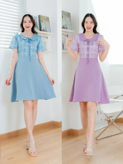 kudapy เดรสสั้นสีฟ้า สีม่วง คอบัวผูกโบว์กระโปรงสีพื้น
