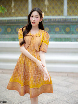 kudapy เดรสสั้นสีเหลือง ผ้าไทยกั๊กคอบัวใส่ทำงาน ออกงานสวยดูดี