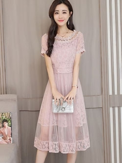 kudapy เดรสผ้าลูกไม้เนื้อดีสีชมพูกะปิ