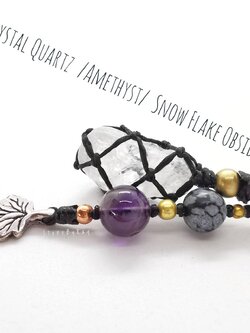 พวงกุญแจเชือกถักหินคริสตัลควอตซ์+อเมทิสต์+สโนว์เฟล็กออบซิเดียน