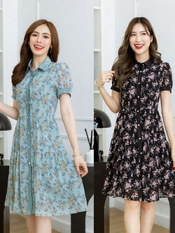 kudapy เดรสสั้นสีดำ/สีเขียวมิ้นท์ คอปกกระดุมหน้า ผ้าชีฟองลายดอกสวย แพทเทิร์นสวยเก๋ ใส่ง่ายๆ เป็นชุดเปิดกระดุมด้านหน้า สวยงานดี