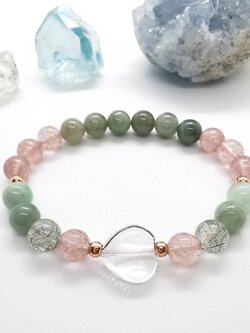 สร้อยข้อมือหยก+สตอเบอรี่ควอตซ์+ไหมเขียว+คริสตัลควอตซ์