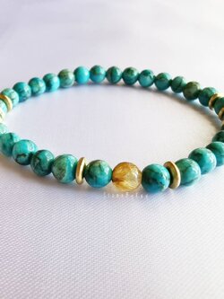 สร้อยข้อมือหินเทอร์ควอยส์ร้อยกับหินไหมทอง Turquoise+Rutilated Quartz