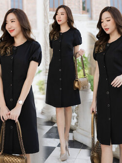 kudapy เดรสผ้าโพลีเอสเตอร์เนื้อหนา คอกลมแต่งกระดุมหน้าใช้งานได้ แต่งแขนจั้มตุ๊กตา