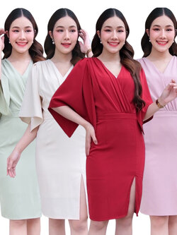 kudapy เดรสสั้นสีชมพูอ่อน/สีครีม/สีเขียวมิ้นท์/สีแดงเข้ม แขนผ่าทรงปล่อย เดรสทรงสอบสั้น พรางแขน เนื้อผ้าเครปเกาหลี กระโปรงสอบทรงดินสอ