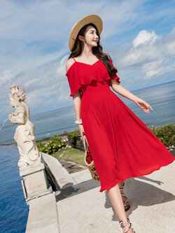 ชุดแมกซี่เดรสยาวคลุมเข่า สายเดี่ยวแต่งระบาย สีแดง เดรสเที่ยวละเล เดรสใส่เที่ยวชิวๆ XL
