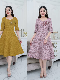 kudapy เดรสสั้นสีเหลืองมัสดาส/สัชมพูกะปิ ผ้า jacquard ลายดอกลิลลี่สุดฮิต ผ้าสวยตลอดกาล วันนี้ทำมาให้ใหม่ทรงสวยๆกระโปรงบานตัวเสื้อคอโค้งวีสวย แขนศอก