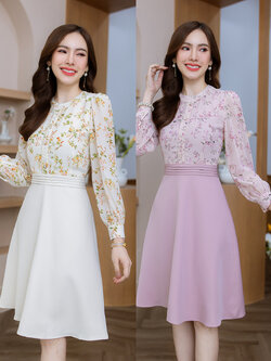 kudapy เดรสสั้นสีชมพู/สีครีม ผ้าชีฟอง ลายดอก กระโปรงพื้น มีดีเทลแต่งขอบมุกช่วงคอและอก แต่งกระดุม ช่วงเอวตีเกล็ดรอบขอบเอว